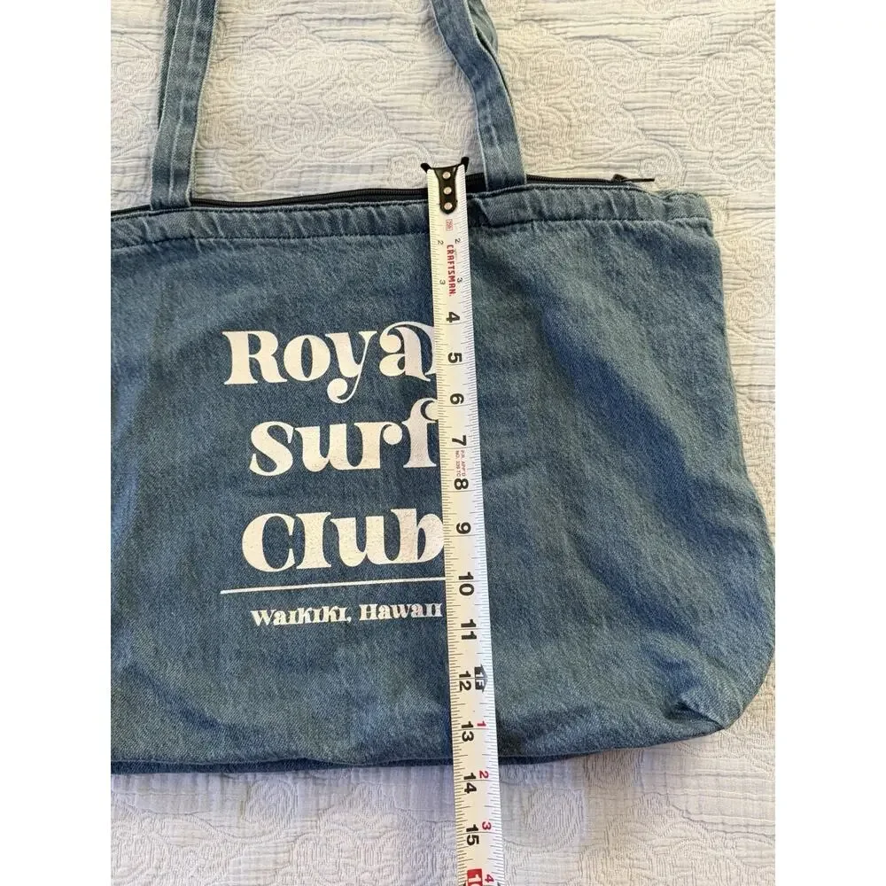 Royal‎ Surf Club Waikiki Beach Blue Denim Tote Bag Beach Vacation Zip Hawaii